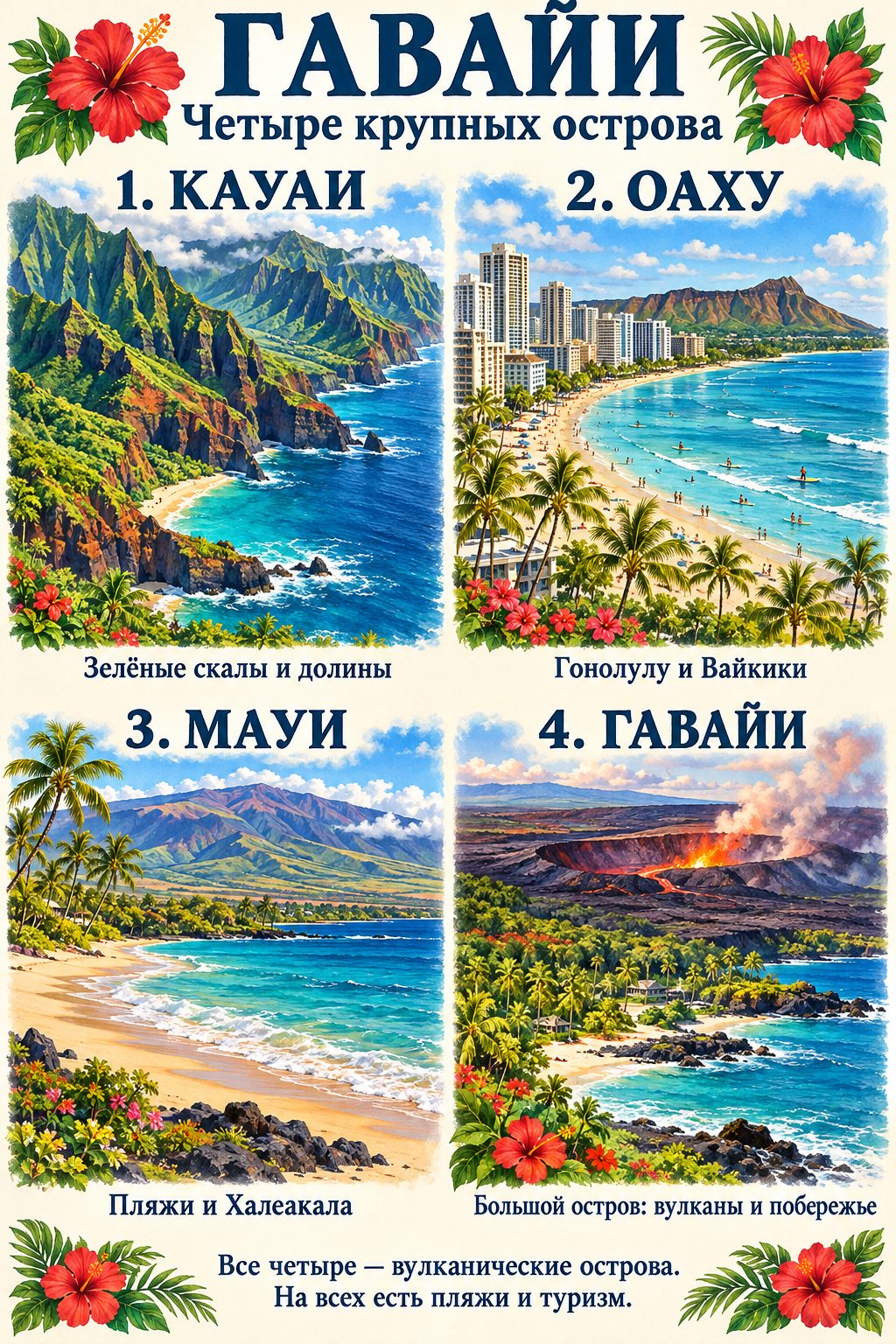 Четыре крупных Гавайских острова — Кауаи, Оаху, Мауи и Большой остров — с подписями-образами: сад, столица, пляжи, вулканы